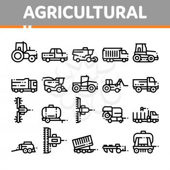 Agricultural Vehicles Vector Thin Line Icons Set. Agricultural Transport, Harvesting Machinery Linear Pictograms. Harvesters, Tractors, Irrigation Machines, Combines Color Contour Illustrations