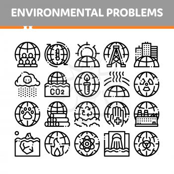Environmental Problems Vector Thin Line Icons Set. Environmental Problem, Industrial Pollution, Contamination Linear Pictograms. Greenhouse Effect, Global Warming, Climate Change Contour Illustrations