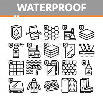 Waterproof Materials Vector Thin Line Icons Set. Waterproof Material For Personal, Industrial Use Linear Pictograms. Water Resistant Device, Clothes, Moisture Absorbing Substance Contour Illustrations