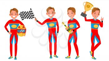 Sport Car Racer Male Vector. Modern Driver. Isolated Flat Cartoon Character Illustration