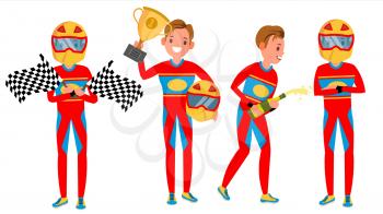 Sport Car Racer Male Vector. Red Uniform. Poses. Playing In Different Poses. Man Athlete. Turbo Rally. Isolated On White Cartoon Character Illustration