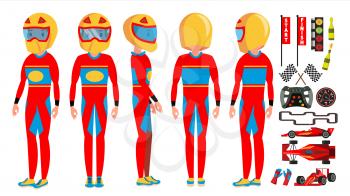 Sport Car Racer Man Male Vector. Turbo Rally. Poses. Modern Driver. Cartoon Athlete Character Illustration