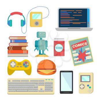 Nerd Items Set Vector. Geek Accessories. Headphones, Player, Laptop, Robot, Toy, Phone Keyboard Tetris Comics Soda Burger Books Isolated Illustration