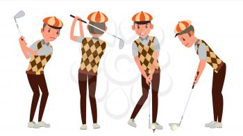 Golf Player Vector. Playing Golfer Male. Different Poses. Isolated Flat Cartoon Character Illustration