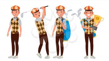 Classic Golf Player Vector. Swing Shot On Course. Diferent Poses. Flat Cartoon Illustration