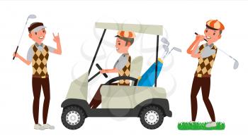 Professional Golf Player Vector. Playing Golfer Male. Different Poses. Isolated On White Cartoon Character Illustration