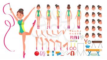 Gymnastics Female Vector. Animated Character Creation Set. Gymnastic Woman Full Length, Front, Side, Back View, Accessories, Poses, Face Emotions, Gestures. Isolated Cartoon Illustration