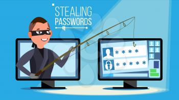 Hacking Concept Vector. Hacker Using Personal Computer Stealing Credit Card Information, Personal Data, Money. Network Fishing. Hacking PIN Code. Breaking, Attacking. Flat Cartoon Illustration