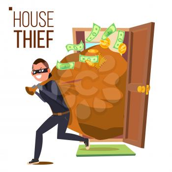Thief And Door Vector. Bandit With Bag. Breaking Into House Through Door. Insurance Concept. Burglar, Robber In Mask, Thief, Robbery, Purse. Isolated Cartoon Illustration