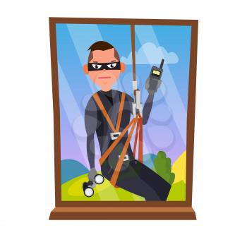 Thief And Window Vector. Breaking Into House Through Window. Insurance Concept. Burglar, Robber In Mask, Thief, Robbery, Purse. Isolated Cartoon Illustration