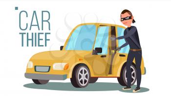 Thief And Car Vector. Breaking Into Car. Insurance Concept. Burglar, Robber, Thief, Robbery, Purse Isolated Cartoon Illustration