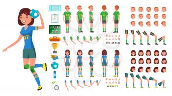Handball Player Male, Female Vector. Animated Character Creation Set. Man, Woman Full Length, Front, Side, Back View, Accessories, Poses Face Emotions Gestures Isolated Illustration