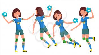 Handball Young Woman Player Vector. Girl Athlete. Throws Ball In Jump. Attack Figure. Flat Cartoon Illustration