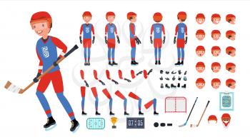 Ice Hockey Player Vector. Animated Character Creation Set. Ice Hockey Tools And Equipment. Full Length, Front, Side, Back View, Accessories, Poses, Face Emotions. Isolated Cartoon Illustration