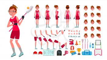 Lacrosse Player Female Vector. Animated Character Creation Set. Girl s Lacrosse. Woman Player. Full Length, Front, Side, Accessories, Poses, Face Emotions, Gestures Isolated Cartoon Illustration