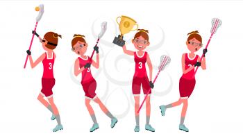 Lacrosse Girl Vector. Catch The Ball. Running. Teammates In Different Poses. Sport Competitions. Cartoon Character Illustration