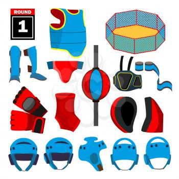 MMA Icons Set Vector. MMA Accessories. Round, Arena, Ring, Gloves, Helmet Belt Isolated Cartoon Illustration