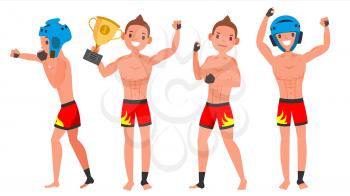 MMA Male Player Vector. Fighting On Ring, Cage, Arena. Playing In Different Poses. Man Athlete. Isolated On White Cartoon Character Illustration