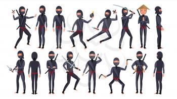 Ninja Set Vector. Samurai Characters. Attacking, Moving, Jumping, Kicking. Isolated On White Background Flat Cartoon Illustration