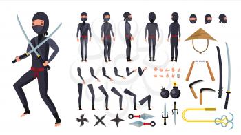 Ninja Vector. Animated Character Creation Set. Ninja Tools Set. Full Length, Front, Side, Back View, Accessories, Poses, Face Emotions Gestures Isolated Cartoon Illustration