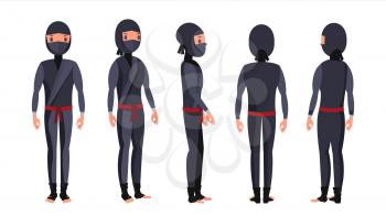 Ninja Warrior Vector. Black Suit. Showing Different Actions With Weapons. Isolated Flat Cartoon Illustration