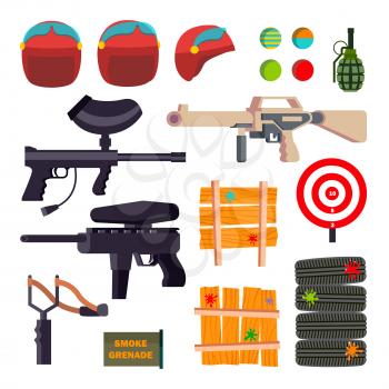 Paintball Icons Set Vector. Paintball Game Accessories. Weapon, Pistol, Helmet, Grenade, Protection Paint Isolated Cartoon Illustration
