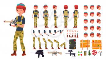 Paintball Player Male Vector. Animated Character Creation Set. Paintball Game Battle Player Man. Full Length, Front, Side, Back View, Accessories, Poses, Emotions, Gestures Isolated Illustration
