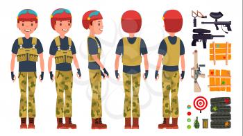 Paintball Player Vector. Shooting, Running. Teammates In Different Poses. Gun. Battle Sport Competitions. Cartoon Character Illustration