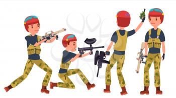 Paintball Player Vector. Battle. Team Members. Professional Gamer. Bright Splashes. Uniform. Competitions Flat Cartoon Illustration