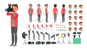 Photographer Vector. Taking Pictures. Animated Man Character Creation Set. Full Length, Front, Side, Back View. Isolated Flat Cartoon Illustration