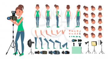 Photographer Female Vector. Animated Woman Creation Set. Full Length, Front, Side, Back View. Isolated Flat Cartoon Illustration