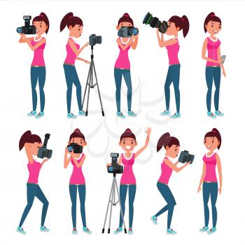 Photographer Woman Vector. hotographer Making Photos. Digital Camera And Professional Photo Equipment. Girl Taking Pictures. Isolated On White Cartoon Character Illustration