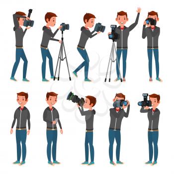 Professional Photographer Vector. Male In Different Poses. Lights And Cameras. Creative Occupation. Profession. Tripod Equipment. Isolated Flat Cartoon Character Illustration