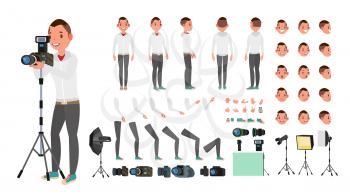 Photographer Man Vector. Taking Pictures. Animated Character Set. Full Length. Accessories, Poses, Face Emotions, Gestures. Isolated Flat Cartoon Illustration