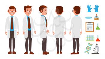 Scientist Character Vector. Friendly Funny Professor. Chemistry Laboratory Specialists. Isolated Flat Cartoon Illustration