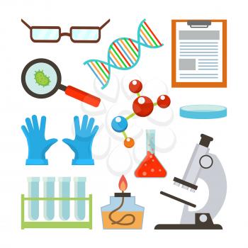 Laboratory Equipment Set Vector. Science Accessories. Glasses, Dna, Structure, Molecule, Notepad, Petri Bowl Gloves Bulb Test Tube Microscope Isolated