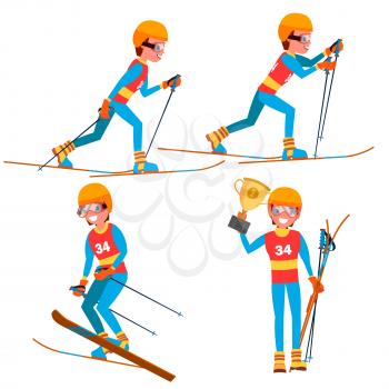 Skiing Player Male Vector. Winter Activities Rest. Ski Resort. Isolated Flat Cartoon Character Illustration