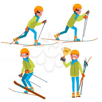 Skiing Male Vector. With Goggles And Ski Suit. Skiing In Winter. Isolated Flat Cartoon Character Illustration