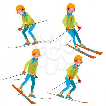 Skiing Man Male Vector. Skiing Sportsman. Season And Mountain. Cartoon Character Illustration