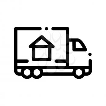 Cargo Truck Delivery To House Vector Sign Icon Thin Line. House Building Image On Transportation Autotruck Carosserie Linear Pictogram. Rent Or Buy Apartment Garage Contour Illustration