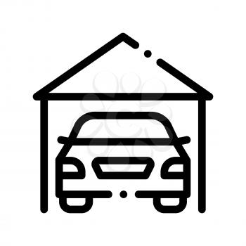 Garage Shed With Car Vehicle Vector Thin Line Icon. Automobile Autocar In Garage Linear Pictogram. Mortgage On Real Estate, Rent, Buy Or Sale Building Contour Monochrome Illustration