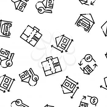 Building House Sale Seamless Pattern Vector. Building Sale And Rent Tablet, Web Site, Smartphone Application Linear Pictograms. Garage, Skyscraper, Truck Cargo Illustration