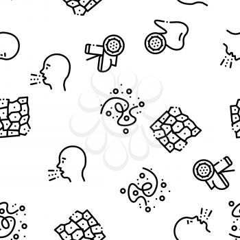 Bacteria Germs Seamless Pattern Vector. Unhealthy Tooth And Dirty Hands, Sternutation Character And Illness People With Germs Linear Pictograms. Microbe Types Illustration