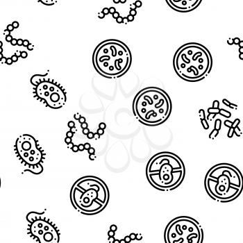 Pathogen Seamless Pattern Vector. Pathogen Bacteria Microorganism, Microbes And Germs Linear Pictograms. Analysis In Flask, Microscope And Injection Illustration