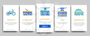 Collection Public Transport Vector Onboarding Mobile App Page Screen. Trolleybus And Bus, Tramway And Train, Cable Way And Monorail Transport Pictograms. Car And Taxi, Plane And Ship Illustrations
