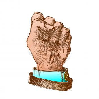 Man Hand Clenched Finger In Fist Gesture Vector. Male Arm Gesture Showing Sign Power Or Disagree. Businessman Wrist Gesturing Signal Color Designed Closeup Illustration