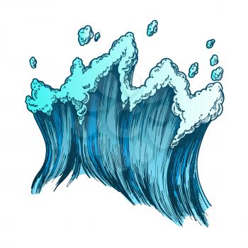 Rushing Tropical Sea Marine Wave With Drop Vector. Tall Foamy Marine Purl Wind Storm Tide Surf Water. Motion Nature Aquatic Tsunami Power Color Hand Drawn Illustration