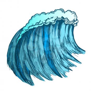 Big Foamy Tropical Sea Marine Wave Storm Vector. Giant Water Wave Caused By Strong Wind Seascape Element. Motion Nature Aquatic Tsunami Color Hand Drawn Illustration