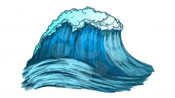 Big Foamy Tropical Ocean Marine Wave Storm Vector. Great Giant Water Wave Is Result Of Underwater Volcanic Eruption. Motion Nature Aquatic Tsunami Color Illustration