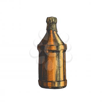 Hand Drawn Blank Beer Bottle Covered Top . Ink Design Sketch Vintage Bottle For Brewery Lager Product. Concept Color Beverage Glass Container Template Cartoon Illustration